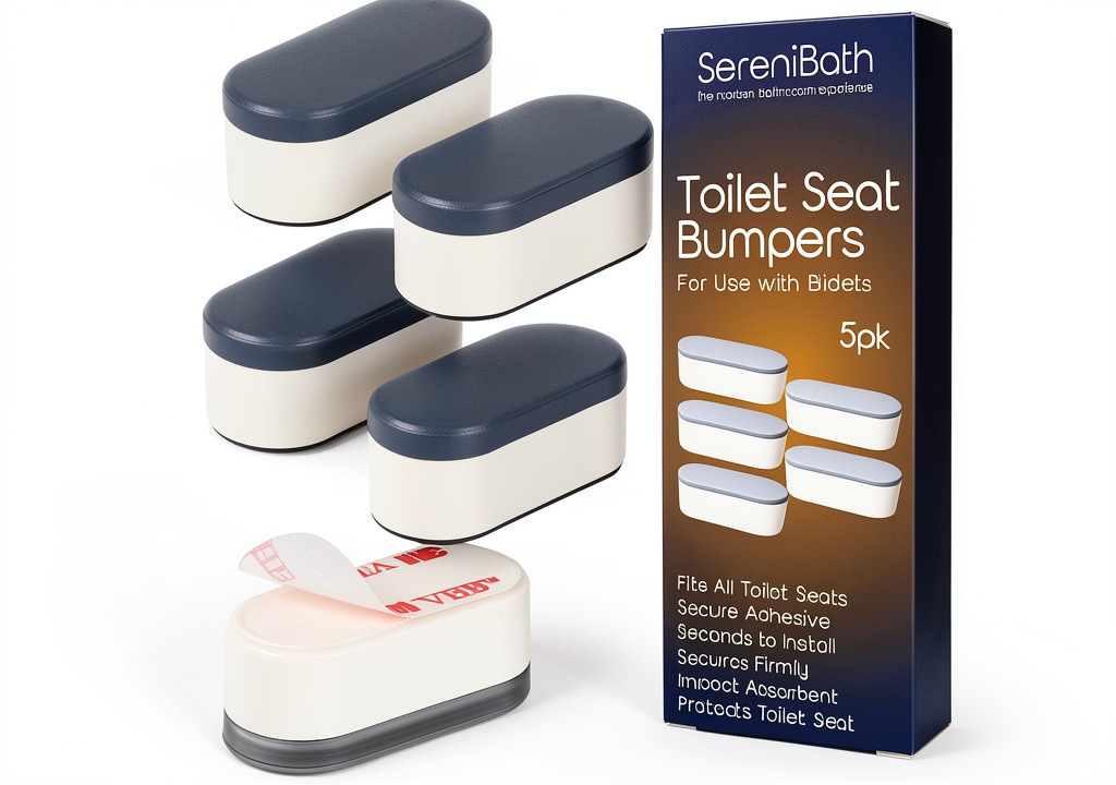 Installing SereniBath Silicone Toilet Seat Bumpers on a white elongated toilet in a family bathroom