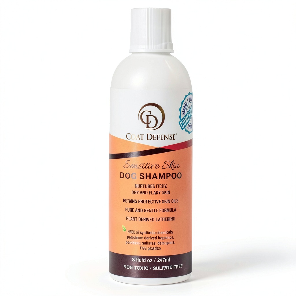 Installing Coat Defense Aloe Vera Dog Shampoo Gentle Plant Based on a wooden desk