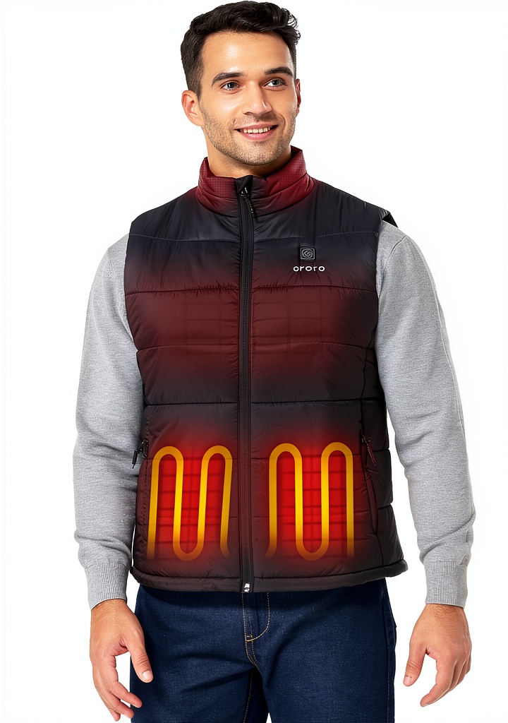 GUANGDONG SHANGRILA men's heated vest being worn during a snowy city commute