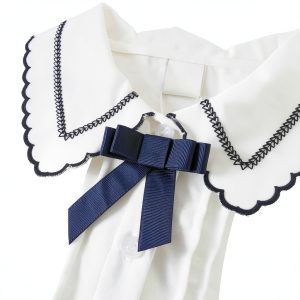 Girls Long Sleeve Blouse with Scalloped Neckline, White Cotton-0
