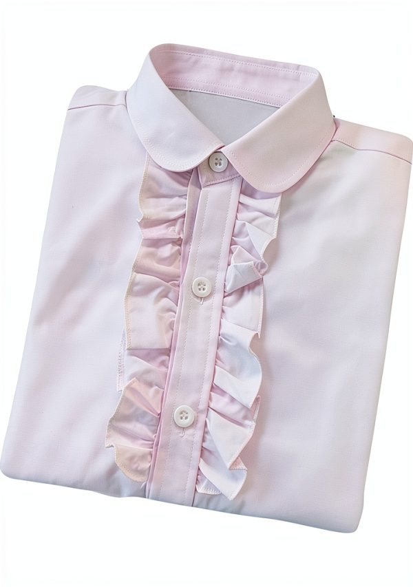 Bienzoe Girls Long Sleeve Shirt White Oxford Collar Ruffle Blouse-2