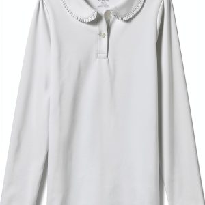 Girls Long Sleeve Ruffled Peter Pan Collar Knit Shirt Lands' End White-0