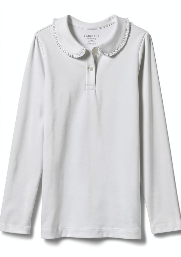 Girls Long Sleeve Ruffled Peter Pan Collar Knit Shirt Lands' End White-0