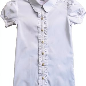 Bienzoe Girls Shirt Short Sleeve: White Button Up Kids School Uniform Cotton Oxford Collar Ruffle Dress Blouse-0