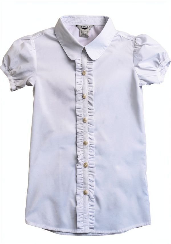 Bienzoe Girls Shirt Short Sleeve: White Button Up Kids School Uniform Cotton Oxford Collar Ruffle Dress Blouse-0