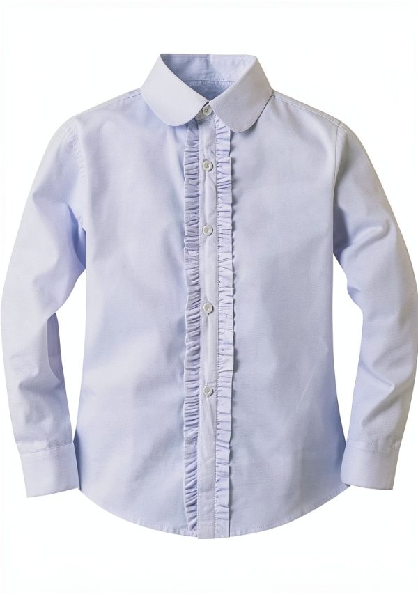 Bienzoe Girls Long Sleeve Shirt White Oxford Collar Ruffle Blouse-0